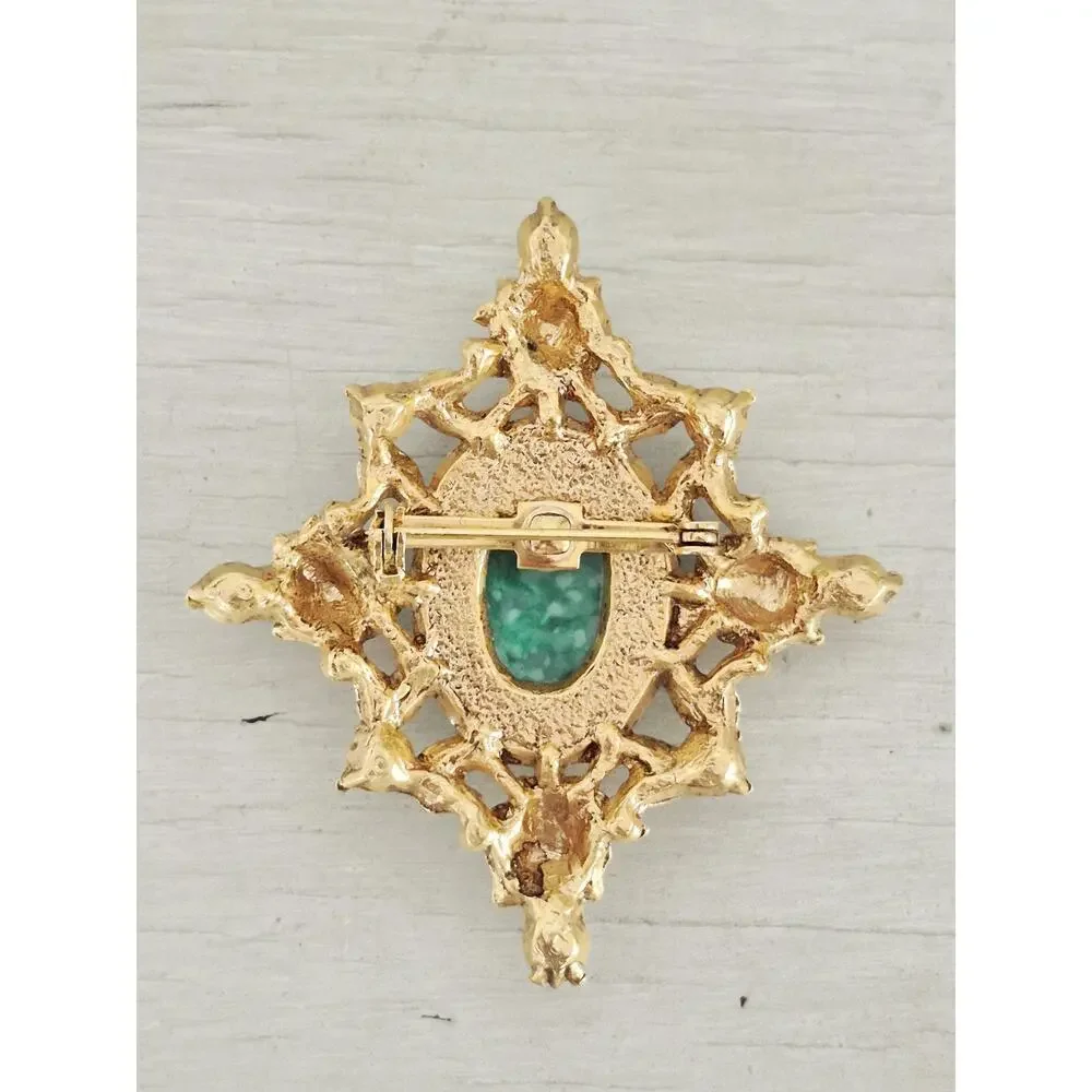 Faux Jade and Pearl Gold-tone Brooch